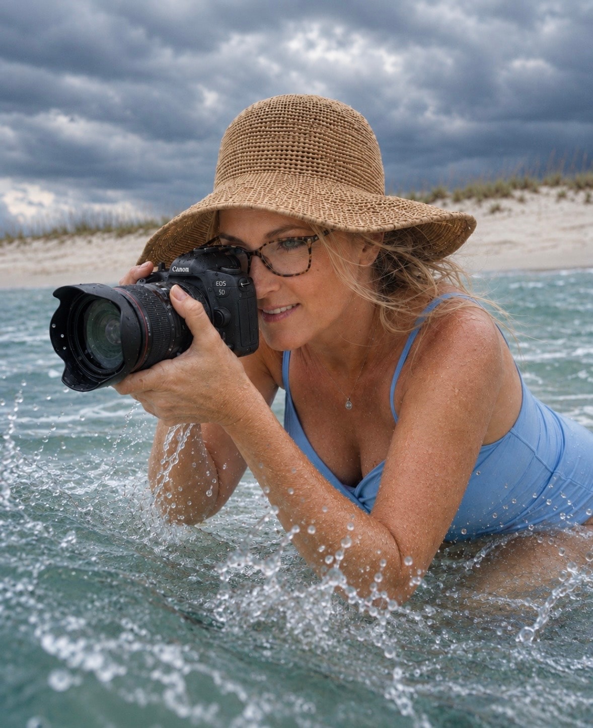 Elizabeth in the Gulf waters, camera in hand, storm clouds gathering behind her
