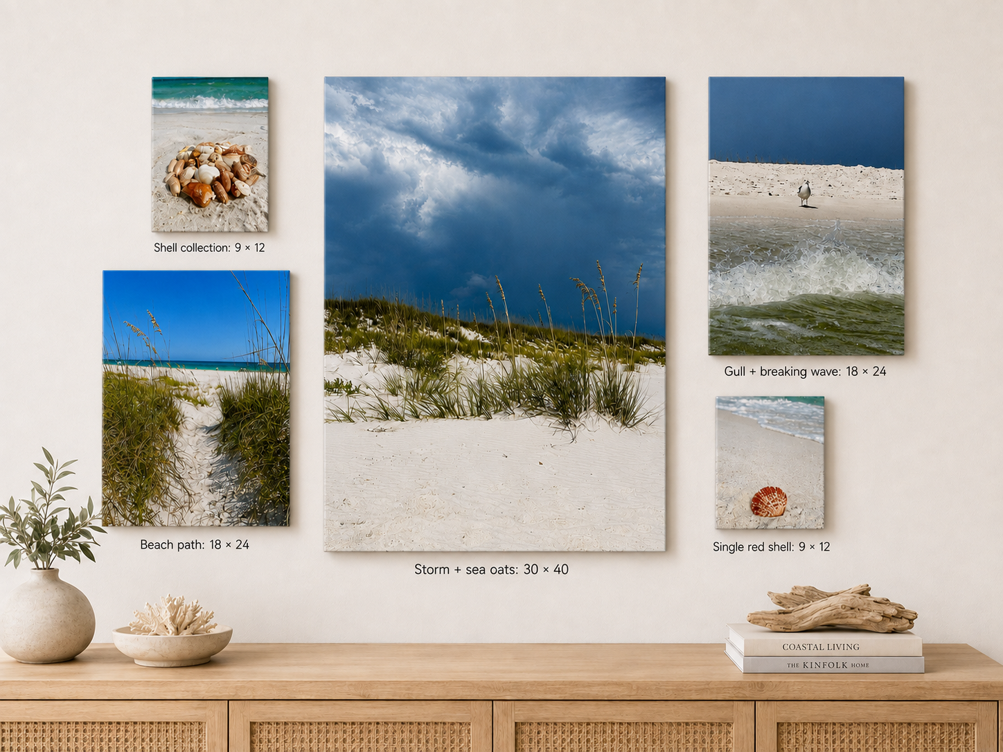 Where the Light Found Us — all five prints shown at relative scale on a wall